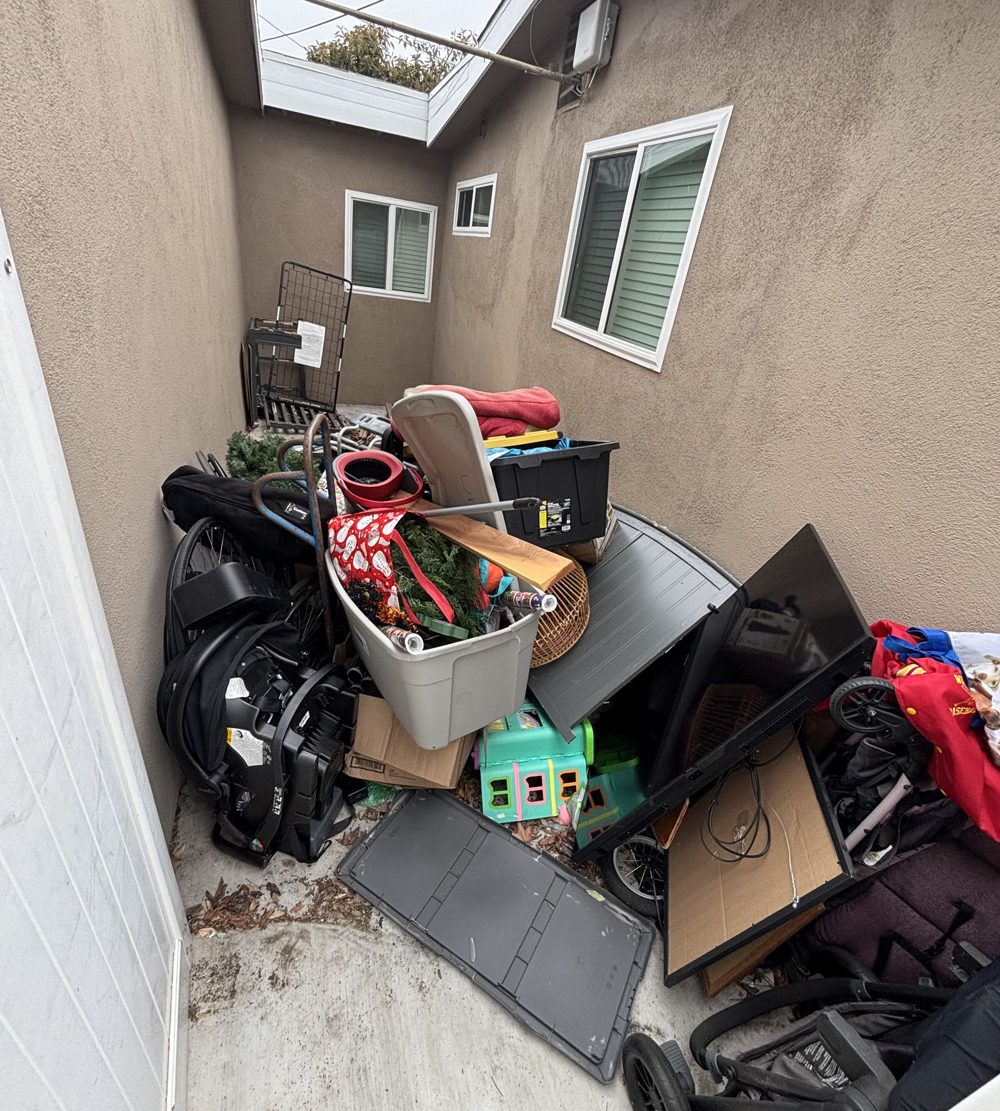 Side yard packed with bins, bags and household items
